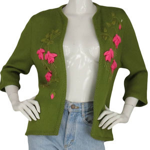 60s Vintage 3D Rose Floral Knit Open Cardigan Wool Sweater S